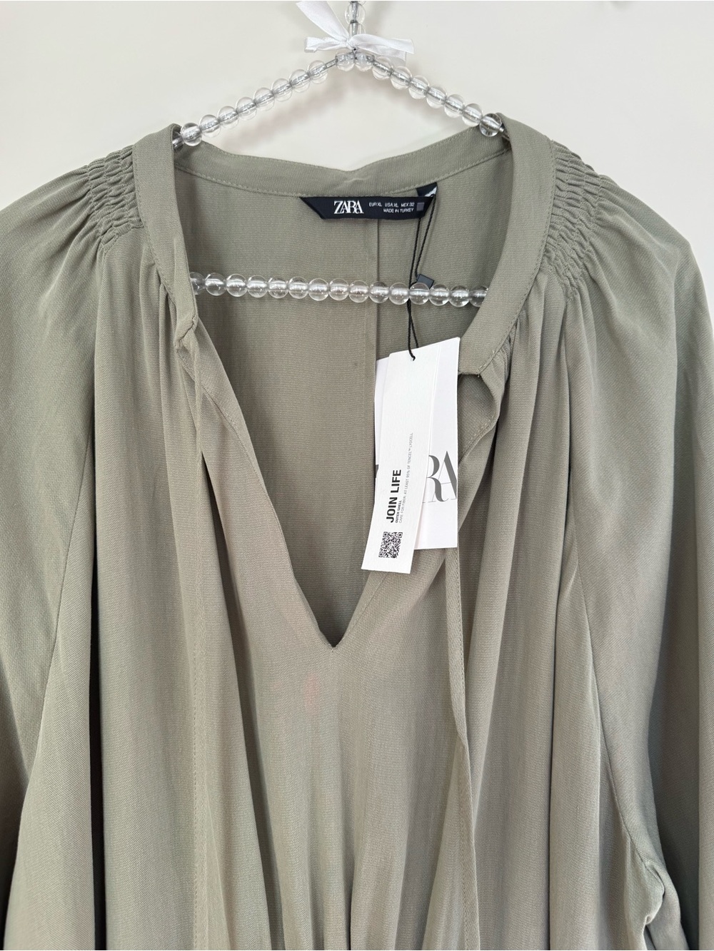 Zara Olive Green Long Sleeve Midi Dress with Tassel Tie Size XL NWT - Picture 5 of 6